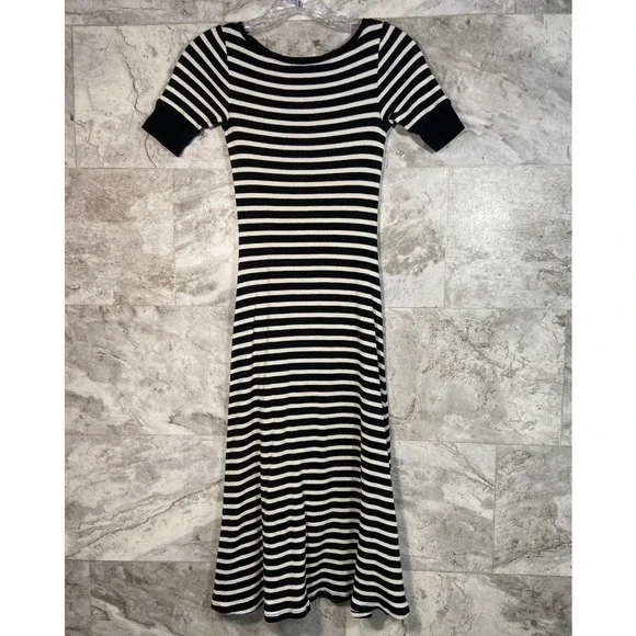 Lauren Ralph Lauren Striped Midi A-Line Dress Ribbed Crew Neck Short Sleeve XXS - Picture 1 of 11